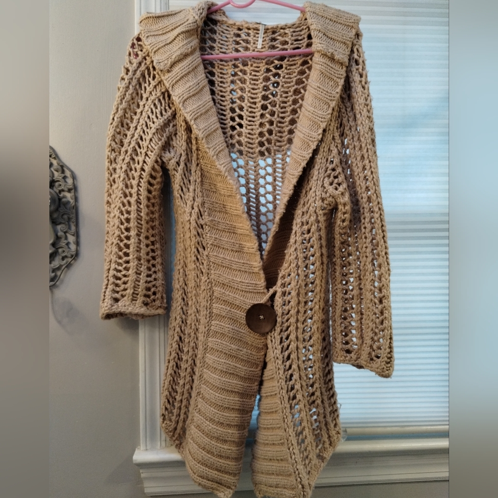 Free People Open Knit Hooded Cardigan in Tan